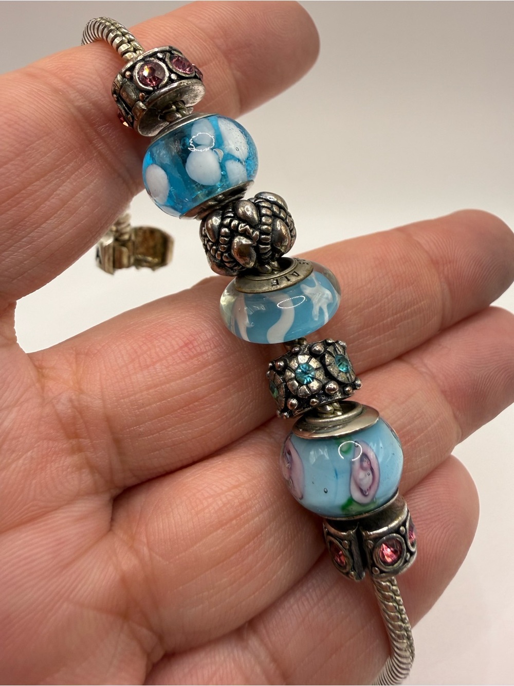 Genuine Pandora Ocean Blue Glass Beads Charm Bracelet with Silver Accents 7”